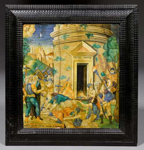 RARE WALL TILE, URBINO, THE CIRCLE AROUND FRANCESCO XANTO AVELLI DA ROVIGO, URBINO, CIRCA 1536. Majolica tile with historic scene from the Persian story of King Cambyses II of Persia, son of Cyrus the Great, while trying to plunder the Amun Temple in the Siwa oasis. Entitling inscription on a plinth, numbered "No. 18". 30 x 27.5 cm. In black painted wooden frame. Heavily restored.