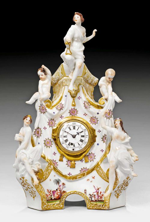 RARE CLOCK WITH CHINOISERIE DECORATION, MEISSEN, MODEL BY GOTTLIEB KIRCHNER, CIRCA 1728-30.The gilt brass clockwork originating from the period and signed L. Lehnert:- Budissin:-. The chinoiserie scenes painted by the circle closest to Johann Gregorius Hoeroldt. H 32.8 cm. Small door to the clockwork missing. Restorations to the case and figures. Provenance: - Galerie Juerg Stuker Bern, 25 November 1954, lot 69. - Max Hoffmann collection, Basel. - Christie's London, 21 November 2005, lot 20. - Private collection, Zurich. Exhibition: Museum Ariana Geneva, 'Au pays de l'or blanc', 1999.