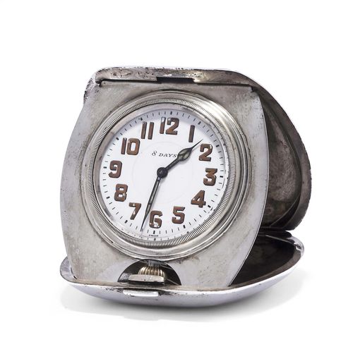 TRAVEL CLOCK, TIFFANY & CO. OCTAVA WATCH, ca. 1920. Silver 925. Tonneau-shaped, slightly convex, foldable silver box with watch. Round case No. 8341C with onion crown, signed on the frame, Sterling, Tiffany & Co. White dial with gold -painted, Arabic numerals and luminous hands, inscribed 8 Days. Lever escapement with flat spring, bimetallic balance, signed Octava Watch Co. Switzerland, 15 Jewels, USAP 816321.
