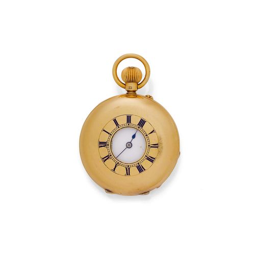 LADY'S HALF SAVONNETTE, DENT LONDON, end of the 19th century. Yellow gold 750. Polished case No. 665 with crown winder, sprung cover with small opening showing the dial, surrounded by blue-enamelled Roman numerals and minute division (small losses). White enamelled dial (fine hairline crack at 11h) with black Roman numerals and blued hands, signed: Dent London. English lever movement, 3/4 plate with screwed chatons, compensation balance with Breguet spring. Movement signed: Dent Watchmaker to the Queen, 61 Strand & Royal Exchange London, No. 48316. D 36 mm.