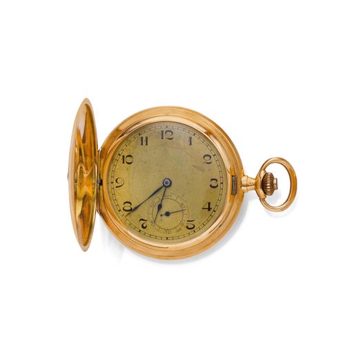 LOT OF 3 POCKET WATCHES: GENTLEMAN'S SAVONNETTE, LADY'S POCKET WATCH, POCKET WATCH WITH ALARM. Yellow gold 585, yellow gold 750, gold-plated. Flat, gold gentleman's savonette, 1940s, polished case No. 2493, the dust cover engraved with a dedication dated 1942. Gold-coloured dial with black Arabic numerals and blued hands, small second at 6h. Hand winder with compensation balance, Breguet spring, swan neck regulator and screwed chatons. D 51 mm. - Flat lady's pocket watch, ca. 1880. Engraved and enamelled (some losses) gold case No. 14388. The dust cover engraved: Cylindre huit rubis, Vacheron Genève. White enamelled dial (hairline cracks) with black Roman numerals and blued hands. Cylinder movement with blued screws (resinified). D 34 mm. - Gold-plated pocket / table watch, 1980s, with foldable base and short curb link chain. White dial inscribed LANCEL Paris, with black Roman numerals and hands. Quartz movement with alarm, does not run. D 62 mm.