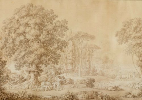 KNIEP, CHRISTOPH HEINRICH (Hildesheim 1755 - 1825 Naples) Arcadian landscape with Diana and Endymion. Brown pen with brown wash. Signed, dated and inscribed lower right: C. Kniep inv. et del. 1797 Napoli 61 x 86.5 cm. In frame from the period. Provenance: Derneburg Castle, Hildesheim district, Germany. Exhibition and literature: Christoph Heinrich Kniep - Zeichner an Goethes Seite. Catalog of the exhibition in the Roemer-& Pelizaeus-Museum Hildesheim, 1992, pp. 57, 59 ill.57