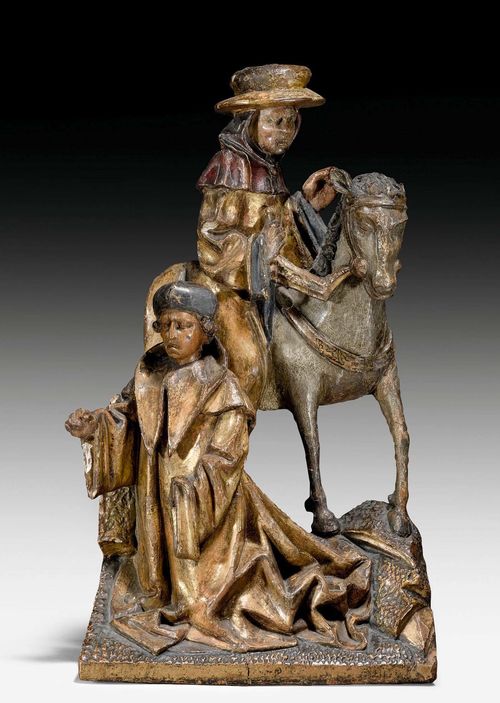 GROUP WITH TWO SAINTS,Gothic, Flanders, circa 1510/20. Carved and painted oak, verso flat. H 39.5 cm. 1 ear of the horse missing, minor areas of loss. Fragment.