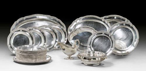 PIECES FROM A TABLE SERVICE OF PRINCE CHARLES OF PRUSSIA, Berlin, 19th century, 15-lot.Maker's mark: Johann Georg Hossauer (1794 - 1874), gold and silversmith of King William III of Prussia and Prince Charles of Prussia. Assay master B.G.F. Andreack. Comprising: 19 plates, four deep plates, three round serving platters, one sauceboat, three oval platters, one vegetable dish and one two-handled bowl. 15 plates, three round serving platters, sauceboat, two oval platters and two-handled bowl with crowned Prussian royal coat of arms. Four plates and an oval platter with different monograms. Total weight: 25,573 g. The plates are from a private collection in Lugano. Presumably they are part of the long-lost service of Prince Charles of Prussia which was made for his marriage to Princess Marie of Saxe-Weimar on 26 May 1827. In 2008, 20 pieces of the silver were discovered on the art market. The wedding silver was bought back and is now in Potsdam. Provenance: Nessi Collection, Lugano.