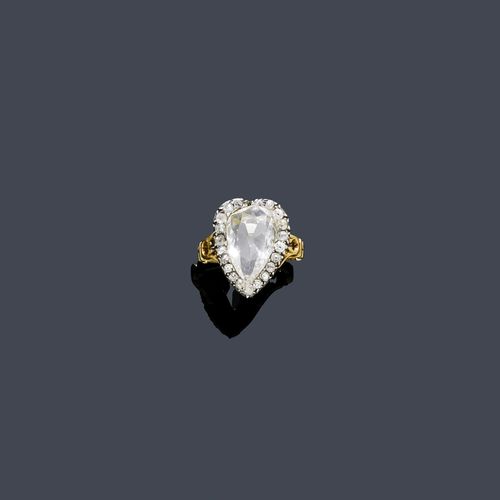 DIAMOND RING, ca. 1840. Silver over pink gold. Fancy ring set with 1, probably older, drop-shaped diamond of 2.39 ct D/SI1*, drilled at the tip, in a setting with a semi-closed back and within a border of rose-cut diamonds. Size ca. 52. With Gemlab Report No. 3230/11, *Clarity with potential, October 2011.