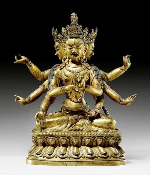A GILT BRONZE FIGURE OF MARICI. Tibeto-chinese, Beijing, 18/19th c. Height 26 cm. Skin parts covered with cold gilding.