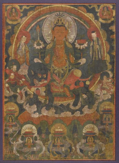 A RARE THANKA OF MANJUSHRI ASTRIDE A LION, WITH THE FIVE PEAKS OF WUTAISHAN. Tibet/China, 15th/16th c. 82 x 60 cm. Framed.