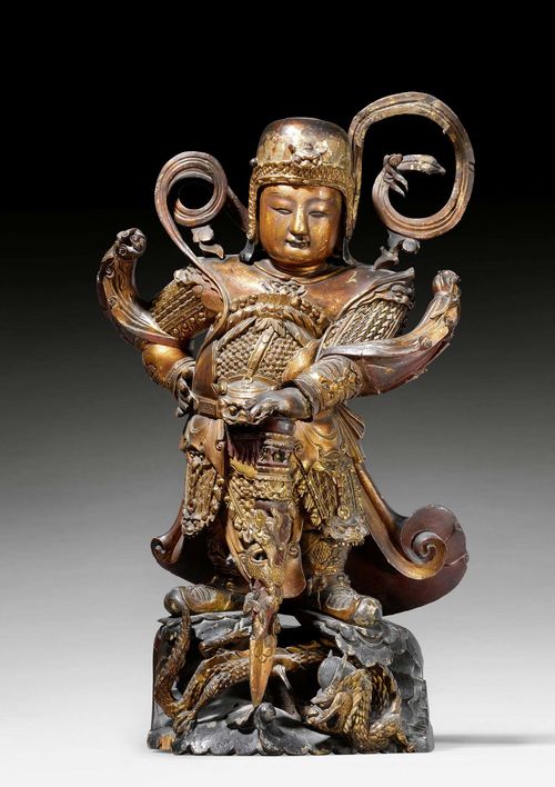 A LARGE LACQUER GILT WOODEN STATUE OF WEITUO. China, ca. 17th c. Height 68 cm. Minor damages.