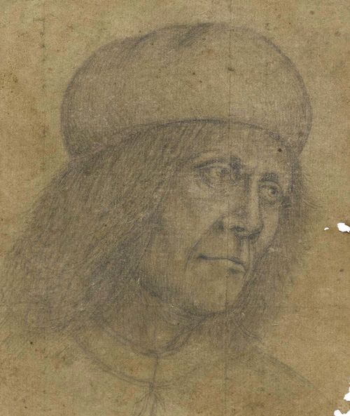 ITALIAN SCHOOL, 16th CENTURY Portrait of a man in a cap in semi-profile to the right. Black chalk. Brown pen border. 13.8 x 11.9 cm. Framed.