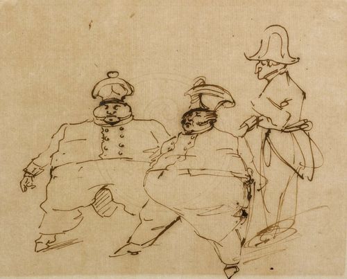 School of TIEPOLO, GIOVANNI BATTISTA (Venice 1696 - 1770 Madrid), Caricature of three men in uniform. Brown pen. On hand-made paper with watermark. Fleur de Lys in double circle. 14.3 x 18.5 cm. Framed.