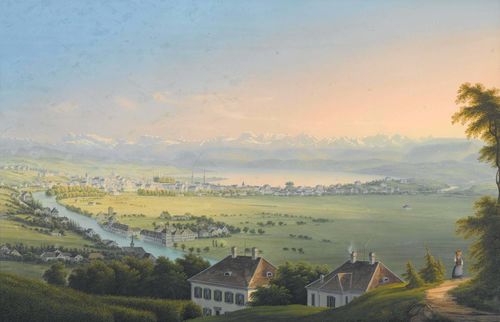BLEULER, JOHANN LUDWIG (Feuerthalen 1792 - 1850 Schloss Laufen).Zürich von der Waid mit Blick über die Stadt und den See auf die Gebirgskette, circa 1840. (Zurich seen from the Waid, with view over the city and the lake towards the mountain chain) Gouache, 32 x 48.5 cm. Black pen border with a grey-green gouached margin. Gold frame. - Very finely executed city view with good colours. Foxing and rubbing mainly in the upper left area of the image. The gouached margins with heavier rubbing. Overall good condition.