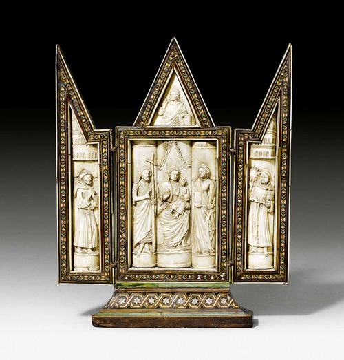 FAMILY ALTAR/TRIPTYCHON, Renaissance, workshop of the EMBRIACHI (important workshop in Florence and Venice in the 15th century), Venice ca. 1410/20. Bone cut in relief and ebony with geometric fillets in partially coloured bone. The triptychon has a pointed gable, the central panel shows Mary Enthroned with the Child Jesus, flanked by St. Catherine and John the Baptist. Above Christ holding a Book and Giving Blessings. The two wings depicting the monastic saints, St. Dominic and St. Francis of Assisi. Minor losses, repair in the region of Mary's right elbow. Small alterations/repairs on the frame. Open: 33x27 cm. Closed: 33x13 cm. Provenance: private collection, Lugano.