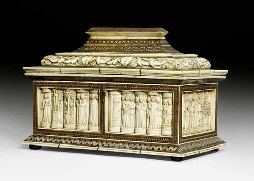 IMPORTANT WEDDING CASKET WITH RELIEFS IN BONE DEPICTING SCENES FROM THE LIFE OF SUSANNA, Renaissance, workshop of the EMBRIACHI (important workshop in Florence in Venice in the 15th century), Venice ca. 1430. Walnut and bone, richly carved with depictions of Susana Bathing. Rectangular, with a hinged lid. The inside of the lid is painted red and blue. Red silk lining. 48x30x34 cm. Provenance: - former Collection Wertheimer, Frankfurt. - Provenance: private collection, Lugano. Expertise by L. Foi, 2008.