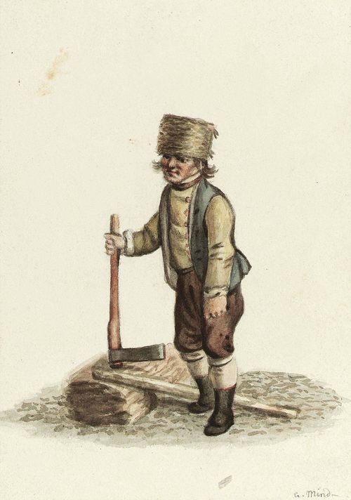 MIND, GOTTFRIED (1768 Bern 1814).Peasant with axe. Watercolour with India ink border, 14.2 x 10 cm. Signed lower right. - With minor foxing. On old mount. Also included: Attributed to the same artist. Horse studies. Pen drawing with wash. 12.8 x 17.9 cm. - with minor creasing. - From an old Basel collection.