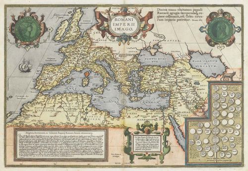 EUROPE AND NORTH AFRAICA  (ROMAN EMPIRE).-Abraham Ortelius (1527 Antwerp 1598). Romani Imperii Imago. Antwerp, circa 1587. Coloured copper engraved map, 34.8 x 49.8 cm (sheet size: 42 x 52.2 cm). From the Latin edition of Ortelius Atlas' Theatrum Orbis Terrarum'. Gold frame. - Minor finger soiling and scattered traces of handling. Overall fine condition.