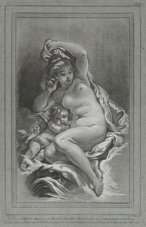 BONNET, LOUIS MARIN (Paris 1743 - 1793 Saint-Mandé bei Paris).After Francois Boucher. Venus ,and Cupid 1767. Crayon style on blue wove paper. 40.7 x 27.1 cm. Engraved numbering upper right: No. 14. Le Blanc 99. (?). Gold frame. - Splendid impression with margin (ca. 1.7 to 3 cm) around the clearly visible plate edge. Scattered light water stains in the margins. Even minimal foxing and minimal fading. Verso remains of old mount on outer edges. Overall in very good condition.