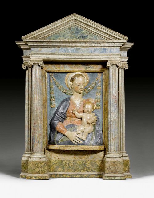 MARY WITH THE BLESSING CHILD, Renaissance, workshop of GREGORIO DI LORENZO (Gregorio di Lorenzo, 1436 Florence 1495), Tuscany ca. 1460/70. Painted stucco. Mounted in a later, marbled, architectural wooden frame. 52x39 cm. Total height 115 cm. Provenance: private collection, Lugano. Expertise: Prof. Alfredo Bellandi, August 2004.