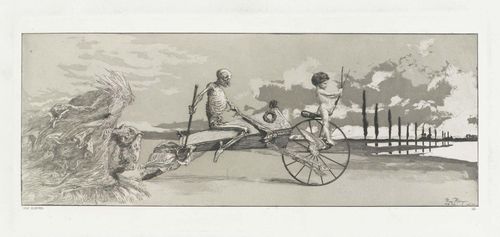 KLINGER, MAX (Leipzig 1857 - 1920 Grossjena bei Naumburg).Lot of 6 sheets of the suite: Intermezzi. Opus IV, 1881. Etching on Chine appliqué. Each signed in pencil. Each 63 x 45 cm. (sheet size). - 1. Mondnacht. Singer 56 III; 2.Bergsturz. Singer 57 IV; 3. Simplicissimus am Grabe des Einsiedlers. Singer 59 IV; 4. Simplisissimus unter den Soldaten. Singer 60 II; 5. Gefallene Reiter. Singer 62 III; 6. Amor, Tod und Jenseits. Singer 63 III; - Good impressions from final plate from the signed special edition. The margins with small tears and somewhat creased and soiled. - from an old Basel collection.