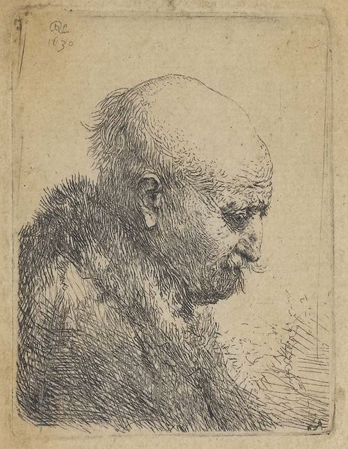 REMBRANDT, HARMENSZ VAN RIJN (Leiden 1606 - 1669 Amsterdam).Bald man turned to the right (Rembrandt's father ?), 1630. Etching, 5.7 x 4.3 cm. Signed and dated upper left in the plate: RL 1630. Bartsch 294; White/Boon (Holstein) 294; Nowell-Usticke 294 I e (of l). Framed. - Fine impression with margin (ca. 3 -4 mm) around the clearly visible plate edge. Verso remains of old mount. Minor browning. Overall condition. Very rare.
