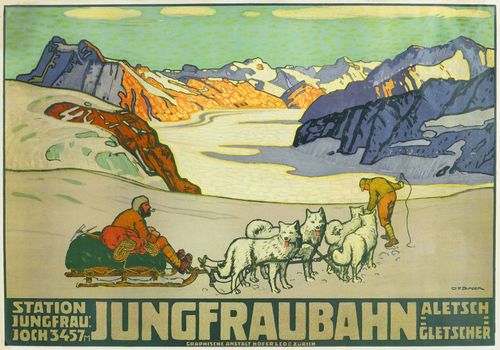 POSTER.-Willy (Wilhelm Friedrich) Burger. Jungfraubahn. Station Jungfrau: Joch 3457 m. Aletschgletscher. 1914. Colour lithograph. 70 x 99 cm. Signed lower right in stone: W.F. Burger. Graphische Anstalt Hofer & Co. Zurich . - Small defects on the margins, a few small tears and some finger soiling. Overall good condition.