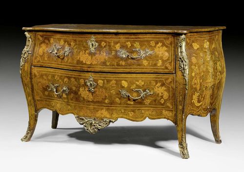 COMMODE "A FLEURS", Louis XV, The Netherlands circa 1760. Walnut, mahogany and partly dyed fruitwoods in veneer with exceptionally fine inlays on all sides. The front with 2 drawers sans traverse. Gilt bronze mounts, applications and sabots. Requires restoration. 148x66.5x87 cm.