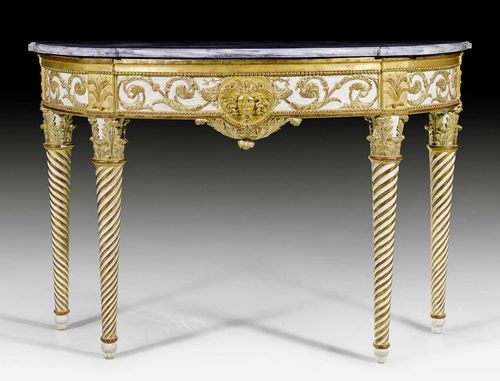 IMPORTANT PAINTED CONSOLE "AU MASCARON DE MERCURE", Louis XVI, after designs by Paris master ebenists, Turin circa 1785. Fluted and exceptionally finely carved wood, painted white and parcel gilt. Fine "Gris St. Anne" top. 137x57x93 cm.