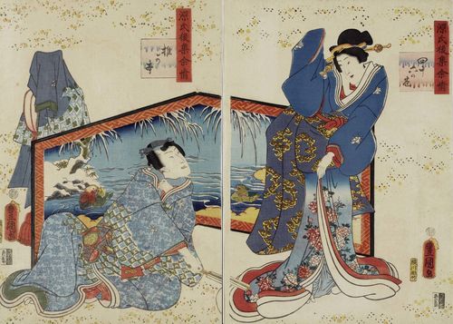TWO DIPTYCHS FROM THE SERIES "GENJI ATO SHÛ YOJÔ" BY UTAGAWA KUNISADA (1786-1865). Ôban. Blind printing. Illustrations to the chaptres 24 "Kochô" and 46 "Shiigamoto". Signature in Toshidama cartouche: Toyokuni ga. Publisher: Ebisuya Shôshichi. Aratame-date seal: 1/1859. (2)