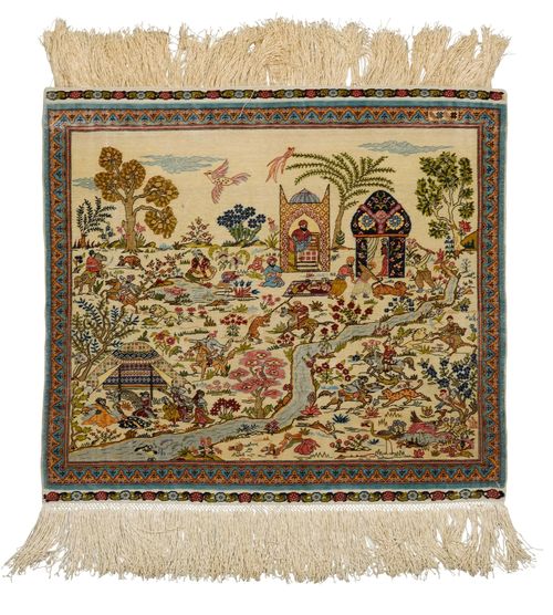 HEREKE SILK.Fineness: 14x14 knots/cm2. Beige central field, opulently patterned with hunting scenes in harmonious colours, light blue border, in good condition, 59x49cm.