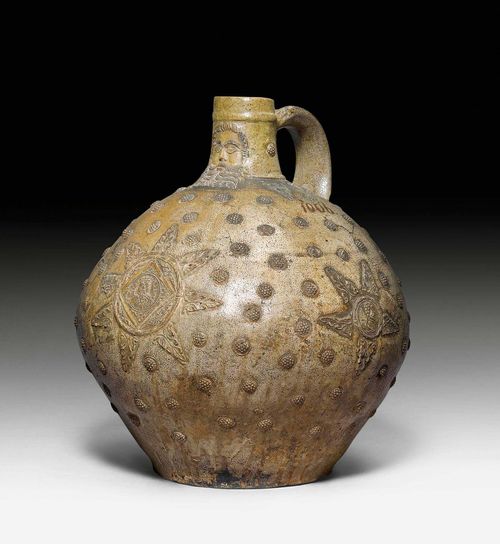 LARGE STONEWARE BARTMANN PITCHER, Cologne-Frechen, ca. 1560-1580. Old inventory number in iron-red 1006. H 37 cm. Neck restored, star-shaped cracks.
