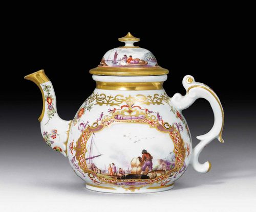 TEAPOT AND COVER WITH MERCANTILE SHIPPING SCENES, Meissen, ca. 1728. Probably painted by Christian Friedrich Herold. Underglaze blue crossed-swords mark, gold number 79 on both parts. Inside of the base with potter's mark. H 12 cm. Provenance: - Sotheby's London Auction, 5 July 1966, Lot No. 73. - Acquired in 1966 from the Art Dealership Ars Domi, Zurich. - Private collection, Zurich.