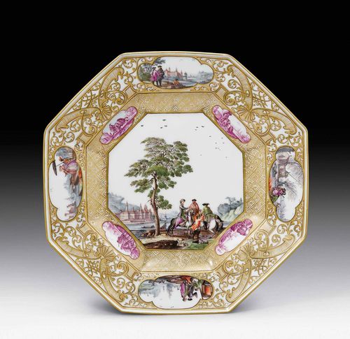 RARE PLATE FROM THE 'CHRISTIE MILLER' SERVICE, Meissen, ca. 1740. Fine landscape painting with castle grounds on the banks of a river. In the foreground: three horsemen taking a break in front of a tree. Underglaze blue crossed-swords mark, press number 22. D 22.5 cm. Provenance: - The late S. R. Christie-Miller, Sotheby's London, 7. July 1970, Lot No. 31. - Acquired 1970 from the Art dealership Ars Domi, Zurich. - Private collection, Zurich.
