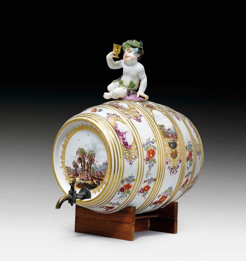 SMALL BRANDY BARREL, Meissen, model by J.J. Kändler ca. 1738/40. The lid designed as a Bacchus drinking wine. L 18 cm, H 22 cm. Provenance: Private collection, Zurich.