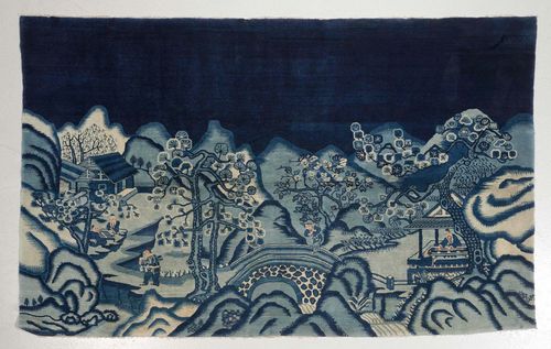 CHINA antique.Dark blue ground with people in a landscape, in good condition, 180x305 cm.