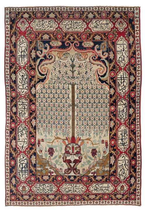 FERAGHAN antique.Beige mihrab with a tree of life, flanked by depictions of human figures and animals in attractive pastel colours, red edging with inscriptions, 135x200 cm.