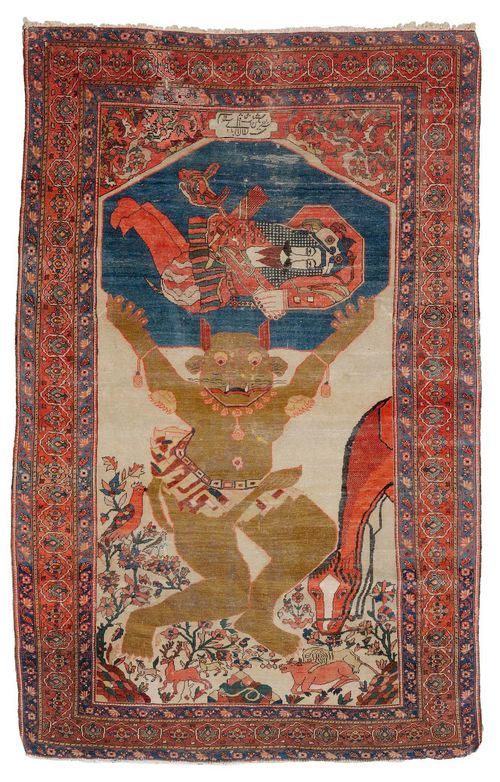 FERAGHAN antique.Beige ground, with a depiction of a human being in the arms of a demon, surrounded by plants and animals, pink border with stylised tendrils, strong signs of wear, 130x200 cm.