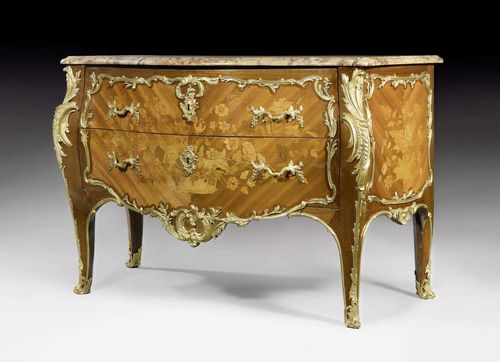 COMMODE "A FLEURS", Louis XV, stamped DF (Jean Desforges, maitre before 1730), Paris circa 1750. Tulipwood, rosewood, and partly dyed fruitwoods in veneer with exceptionally rich inlays on all sides. The front with 2 sans traverse drawers. Exceptionally fine, matte and polished gilt bronze mounts and sabots, some replaced. Shaped "Breche d'Alep" top. Verso old owner's label with the inscription "une commode Louis XV marquetee". With veneer restorations. 130x65.5x84 cm. Provenance: - From a Paris collection. - Koller Zurich auction on 17.9.1997 (Lot No. 609). - Swiss private collection.