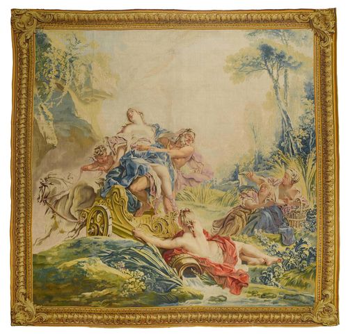 TAPESTRY "L'ENLEVEMENT DE PROSERPINE", Louis XV, from the series "AMOURS DES DIEUX", after drawings by F. BOUCHER, Manufacture de Beauvais, ca. 1750. Depiction of Pluto in a chariot, abducting Proserpina under the eyes of 3 young women at a pond, in an idealized wooded landscape, with the entrance to the Underworld on the left. Fine border of cartouches and leaves. H 322 cm. B 307 cm. Provenance: - from the W.K. Vanderbilt Collection (died 1920), New York and Rhode Island. - by inheritance from the R. Gaynor Collection, New York (up until 1948). - Wildenstein Collection, Paris. - Auction Christie's London, 15 December 2005 (Lot No. 161). - from an English collection.
