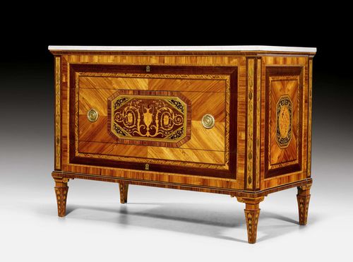 COMMODE, Louis XVI, attributed to F. ABBIATI (Francesco Abbiati, active between 1760  and 1810), Naples ca. 1800. Tulipwood, rosewood, amaranth and various fruitwoods in veneer, exquisitely inlaid with a vase with handles, leaves, rosettes, fillets and decorative frieze. Front with 3 sans traverse drawers. Gilt bronze mounts and rings. "Carrara" top. 128x64x95 cm. Provenance: - from an English collection.