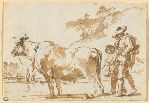 THE NETHERLANDS, 17TH CENTURY Two herdsmen with a cow by the water. Brown brush over black chalk. 12.5 x 18.4 cm. Provenance: - Collection of  Prinz W.Argoutinsky-Dolgoroukoff (1875-1941), Paris, Lugt 2602