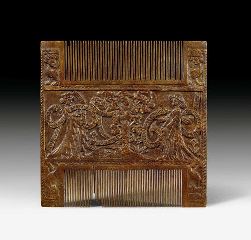 COMB WITH PASTIGLIA,Gothic, France, probably 15th century. Boxwood finely carved and decorated with pastiglia. Small losses. 19x19 cm.