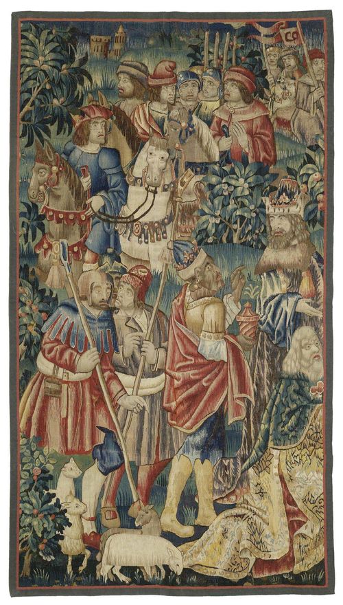 TAPESTRY "LES TROIS MAGES",Renaissance, Tournai circa 1520. Depiction of the three Magi. The right side shortened. H 275 cm. W 165 cm.