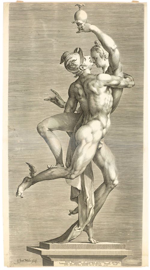 MULLER, JAN HARMENSZ (1571 Amsterdam 1628).Merkur und Psyche. Circa 1597. Copper engraving after Adriaen de Vries. On laid paper without watermark, 50.5 x 26 cm. Bartsch 84; Hollstein 58; Filedt Kok (New Hollstein) 84. – Excellent, strong, clear and even impression. With margin around the right and left  plate edge, and fine margin around the upper and lower plate edge. Scattered professionally restored defects, probably at the height of the plinth on the right and left margin. Overall good condition.