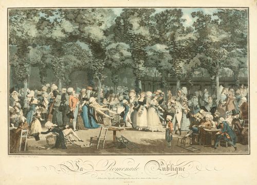 DEBUCOURT, PHILIBERT-LOUIS (Paris 1755-1832 Belleville).La promenade publique, 1792. Colour engraving, 45.8 x 63.5 cm. Fenaille 33. – Few restorations in the margins, with some browning in the margins and traces of use. Overall good condition.