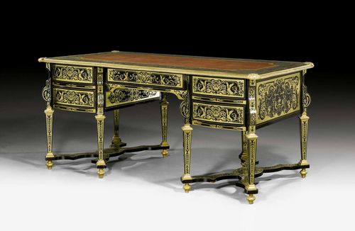 LARGE BUREAU MAZARIN WITH BOULLE MARQUETRY, Louis XIV, Paris circa 1700. Ebony, brown tortoiseshell and brass with exceptionally fine inlays in "contre partie". The rectangular top lined with gold-stamped, brown leather and edged in bronze. The front with broad central drawer, flanked on each side by 2 drawers. Same, but sham arrangement verso. Gilt bronze mounts. Supplements to the marquetry. 185x87x80 cm.