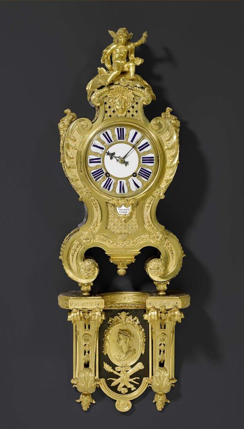 IMPORTANT CLOCK WITH BOULLE MARQUETRY and plinth, Regence, the case by A.C. BOULLE (Andre Charles Boulle, 1642-1732), the design drawing for the plinth by G.M. OPPENORDT (Gilles Marie Oppenordt, 1672-1742), the front and the movement signed THURET A PARIS (Jacques III Thuret, 1669-1738), circa 1720/25. Matte and polished gilt bronze and ebonized wood inlaid with brown tortoiseshell and brass. Relief-decorated gilt dial with engraved Arabic minutes and 13 enamel plaques, 12 with blue Roman hour numerals. 2 blued hands. The clock glass with enamel cartouche for the signature in blue. Fine movement striking the 1/2 hours on bell. Rich gilt mounts and applications. Some restoration required, enamel with fine hair-line cracks and small chips. Some losses in the marquetry. Restorations. 38x17x108 cm. Provenance: - Collection of Duc X., France. - Sotheby's Paris auction, 18.6.2002 (Lot No. 35). - From a European private collection. With expertise by J.D. Augarde, Paris 2012.