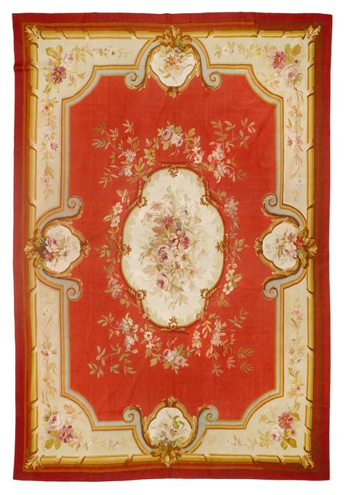 AUBUSSON old.Dusky pink central field with a beige, floral central medallion, wide border with flower garlands, in good condition, 263x375cm.