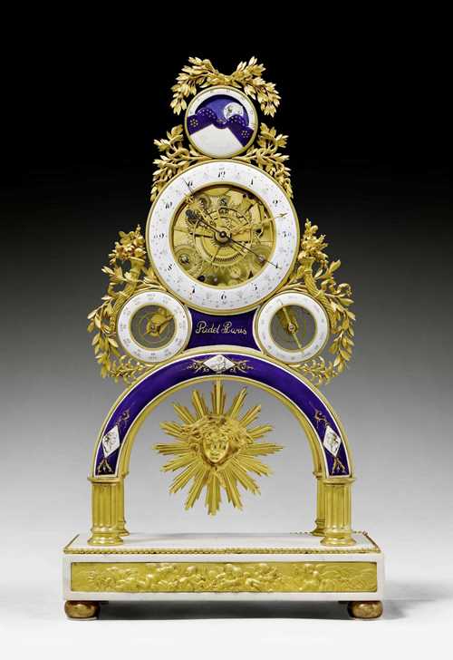 SKELETON CLOCK WITH MOON PHASE AND CALENDAR,Louis XVI, the dial signed RIDEL A PARIS (probably Laurent Ridel, active from circa 1770), Paris circa 1785/90. Gilt bronze, white marble and painted enamel. The front with large enamel chapter ring with Arabic hours and minutes as well as Arabic month days; below, 2 smaller enamel rings with French month names and zodiac symbols, and with French weekdays and planetary symbols; surmounted by a finely painted moon phase window. Fine anchor escapement striking the ½ hours on bell. Sun pendulum. Gilt mounts and applications. 28.5x14x50 cm. Provenance: - R. Redding, Zurich. - Private collection, Germany.