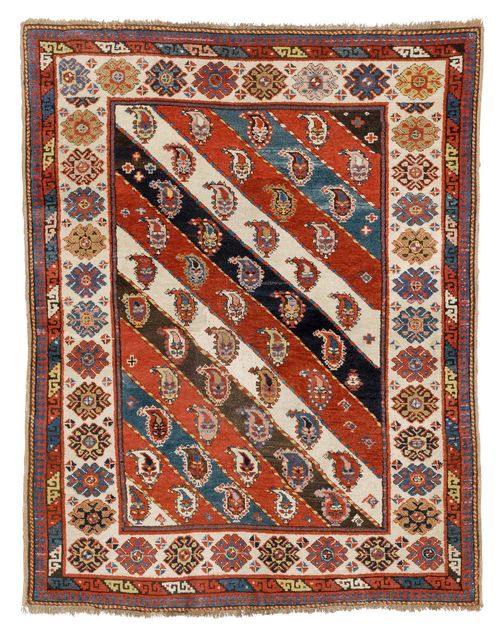 GENDJE antique. Diagonally striped central field with boteh motifs, white edging with stylized blossoms, restored, 149x192 cm.
