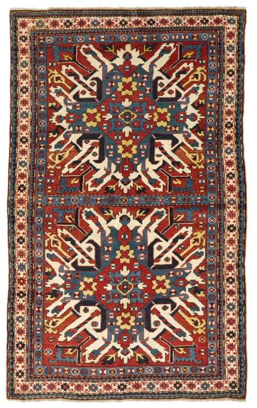 CHELABERD antique.Attractive "Eagle Kazakh" in very good condition, rust coloured central field with two bulky medallions, the entire carpet is geometrically patterned, white border with stylised tendrils, 125x210cm.