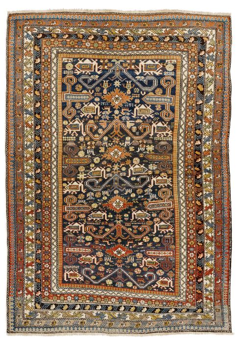 PEREPEDIL old. Dark central field,  typically geometrically patterned, stepped border, 140x188 cm.